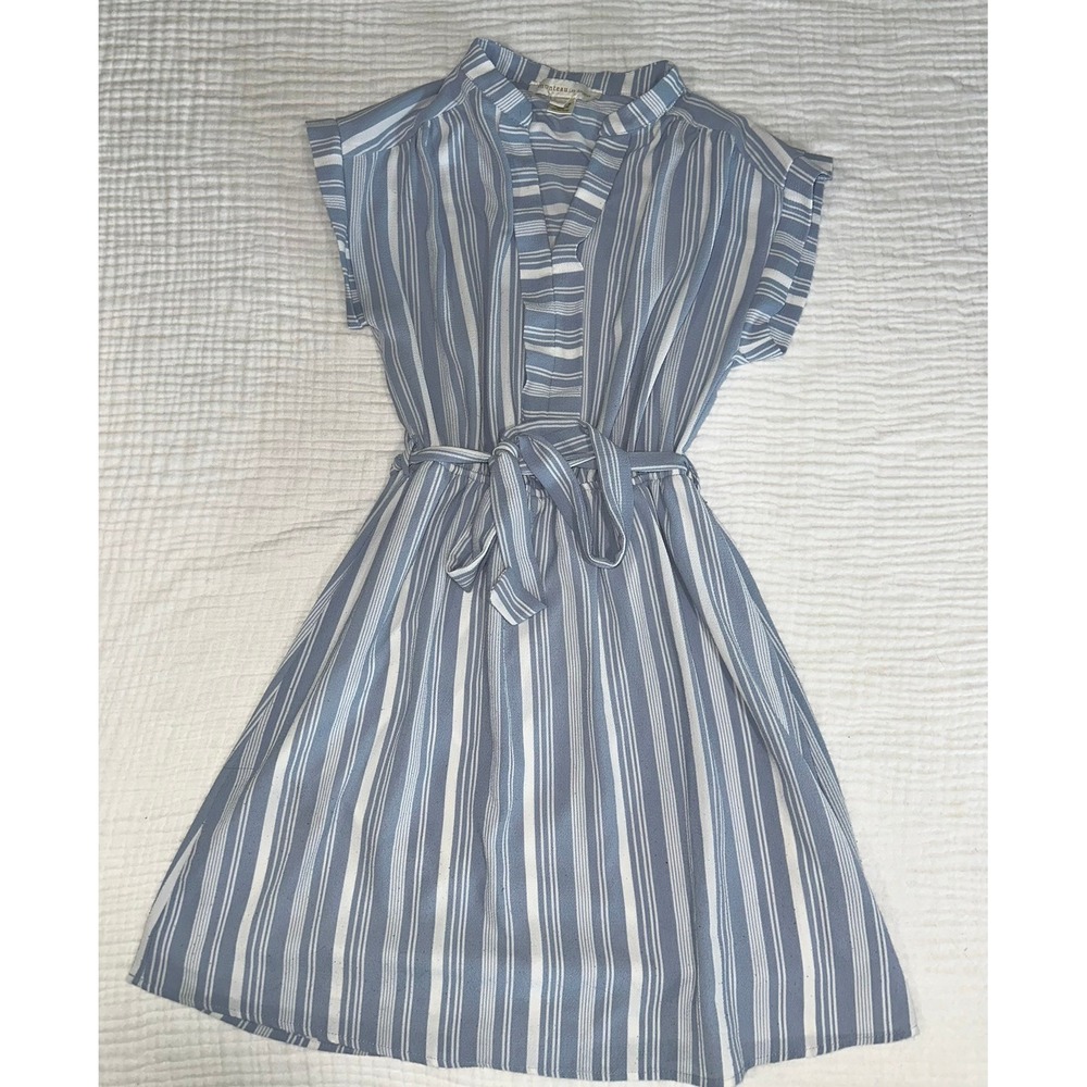Monteau Los Angeles‎ Women's Blue Striped V Neck Dress with Belt Small
